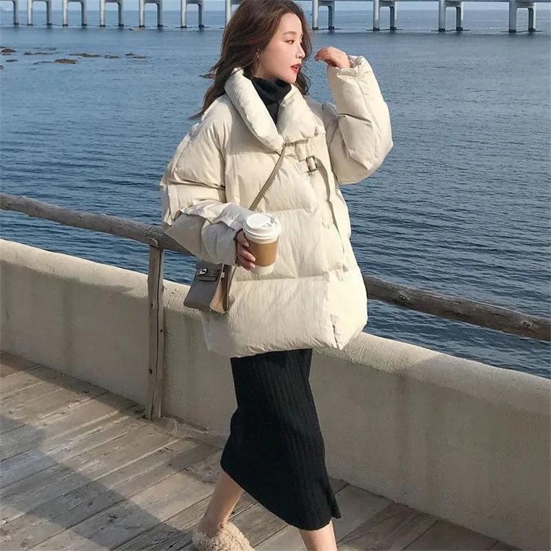 

2024 Новая корейская куртка-пуховик, женская зимняя куртка-пуховик с воротником-стойкой, хлопковое пальто, свободная женская утепленная теплая парка M белый