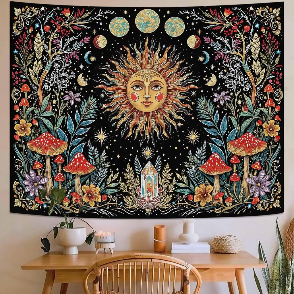 Accnicc Sun and Moon Tapestry for Bedroom Hippie Boho Floral Flower Plant Wall Tapestry Aesthetic Vintage Galaxy Celestial Star