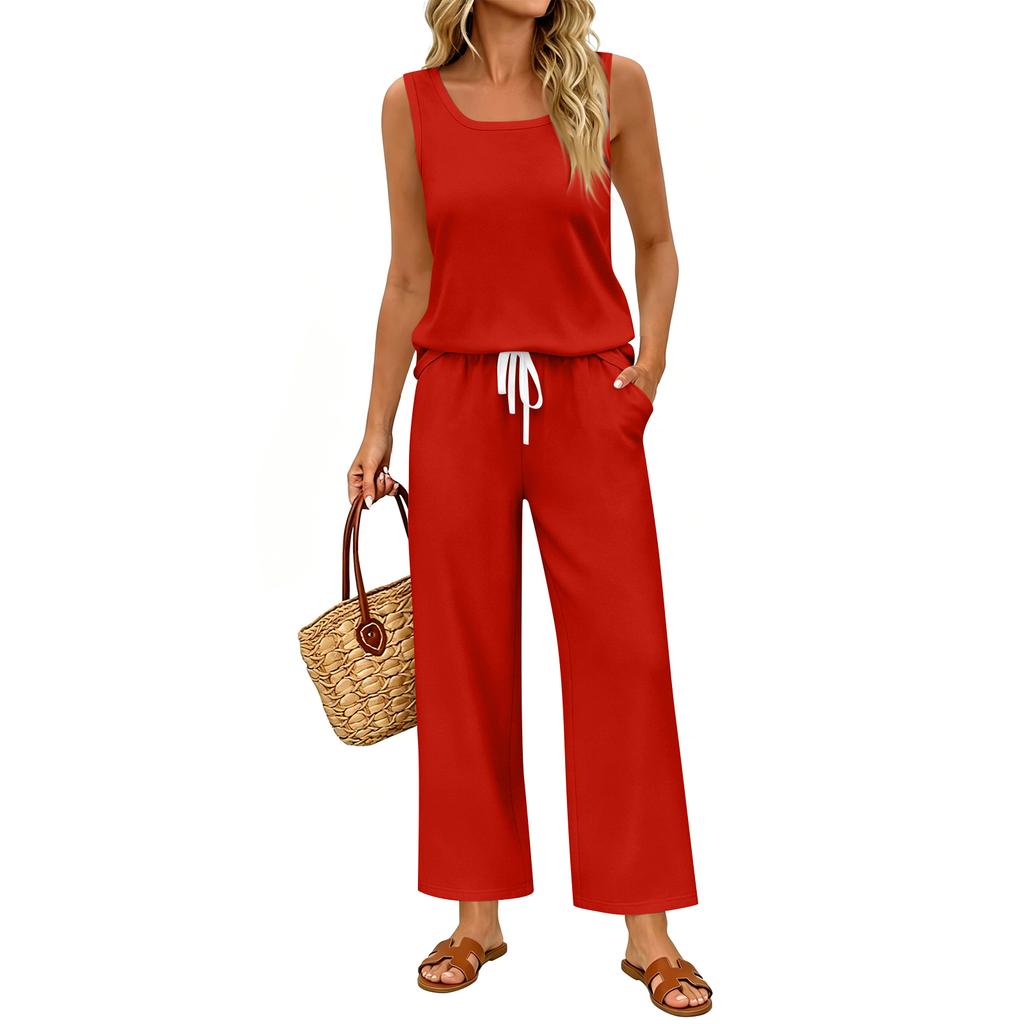 Women Sleeveless Tank Top and Wide Leg Pants Two Piece Set Casual Loose Fit Lounge Wear Suitable for Travel Vacation and Home Relaxation