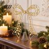 Indoor Festive Window Ornament Iron Bow Christmas Tree Topper, Gold Rhinestone Hollow-Cut Metal Light Luxury Holiday Party Decor with Spiral
