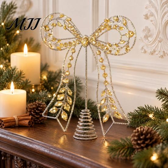 Indoor Festive Window Ornament Iron Bow Christmas Tree Topper, Gold Rhinestone Hollow-Cut Metal Light Luxury Holiday Party Decor with Spiral