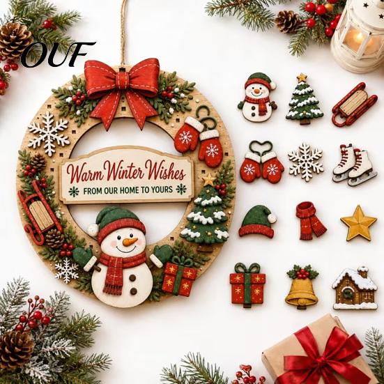 DIY Holiday Craft Decorations Interchangeable Wooden Christmas Wreath, 12 Pcs Front Door Plaque, Indoor Festive Atmosphere Decor Handmade Pattern