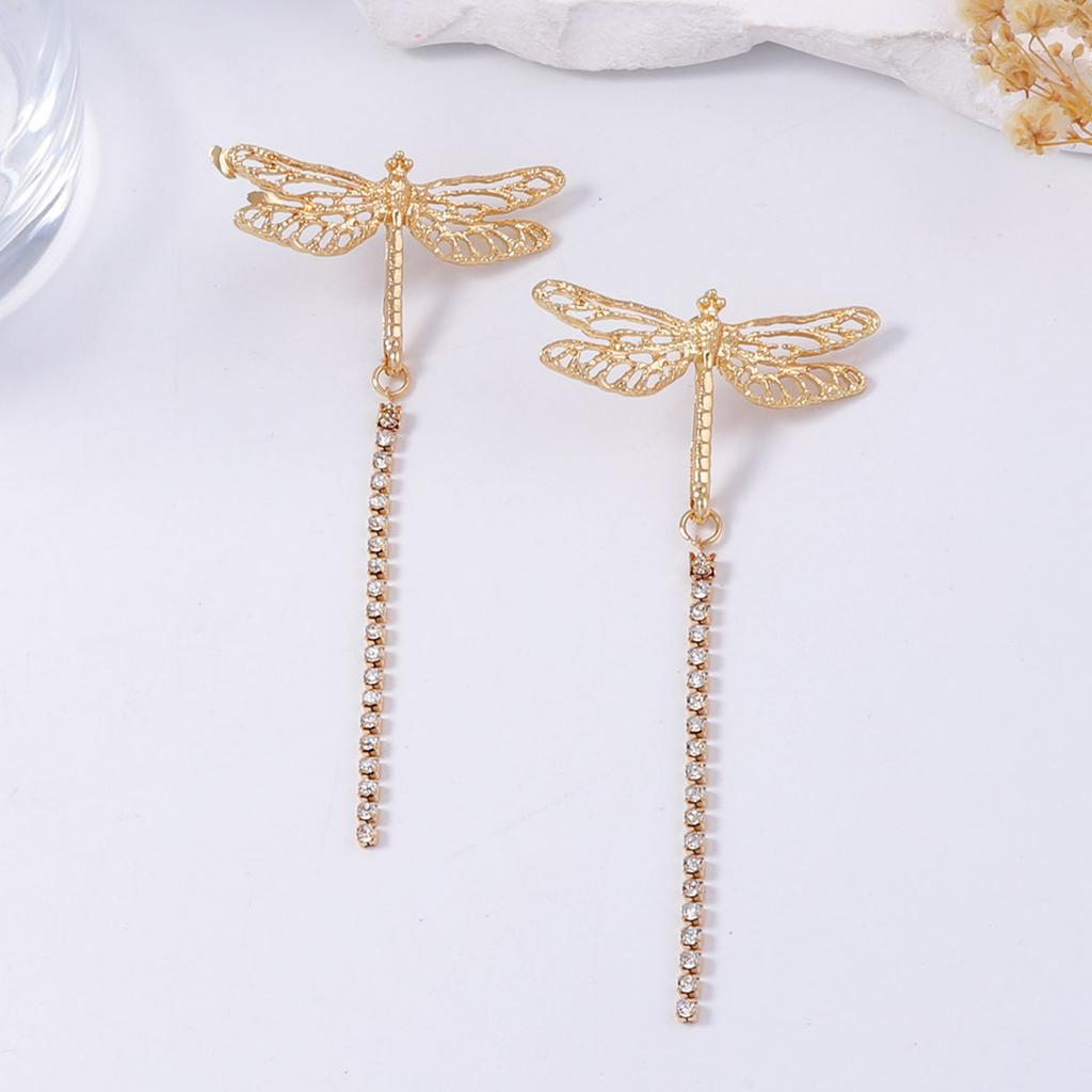 Simple fashion light luxury high-end design gold inlaid zircon long tassel dragonfly animal pendant earrings