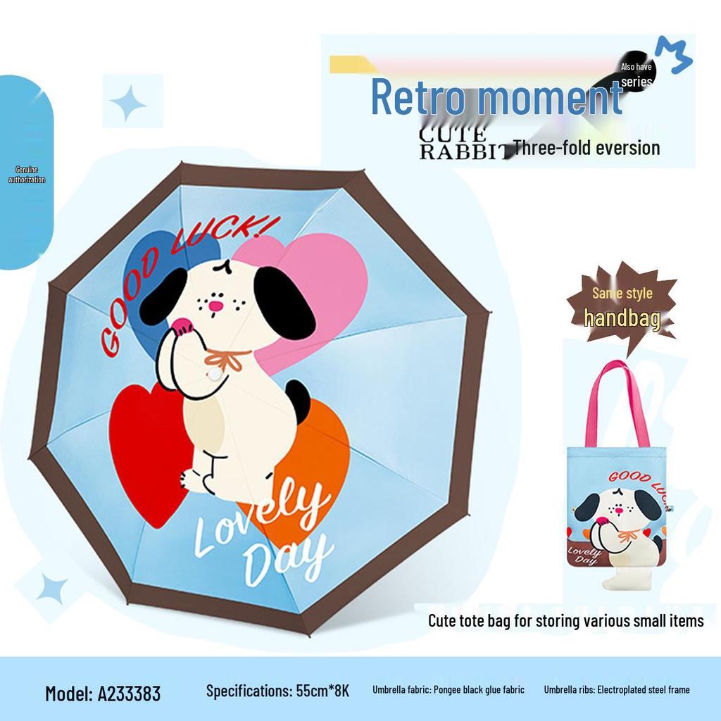 Black Dual-Use UV Protection Three-Fold Sunshade & Rain Umbrella with Tote Bag