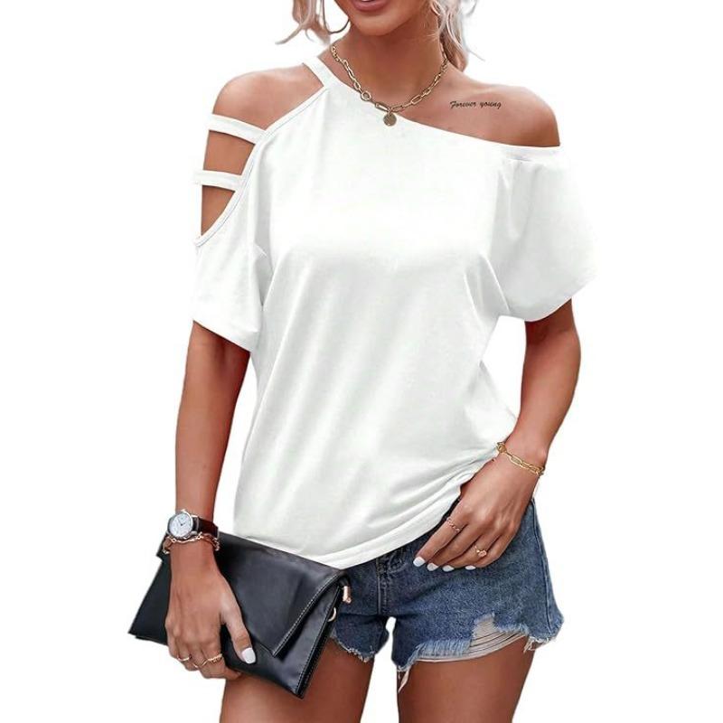 Women S Casual Off Shoulder Asymmetric Cutout Short Sleeve T Shirt S белый