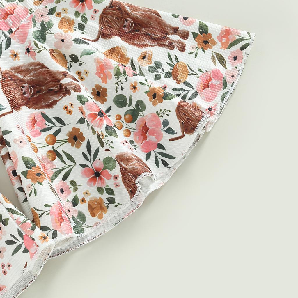 3-teiliges Baby Mädchen Frühlingsoutfit, Kurzarm-Strampler + Schlaghose mit floralem Kuhdruck + Stirnband-Set