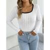 Women Color Block Square Neck Twisted Long Sleeve Slim Fit Casual Sweater
