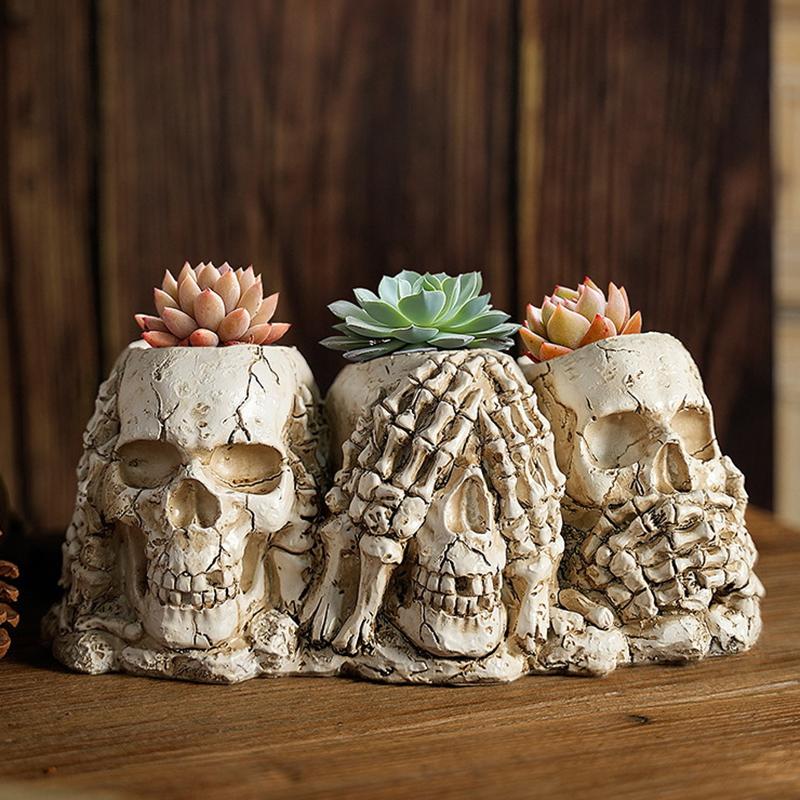 Skull Shaped Flower Pot Halloween Skull Pen Pencil Holder Skeleton Key Holder Makeup Brush Holder Home Office Desk Supplies