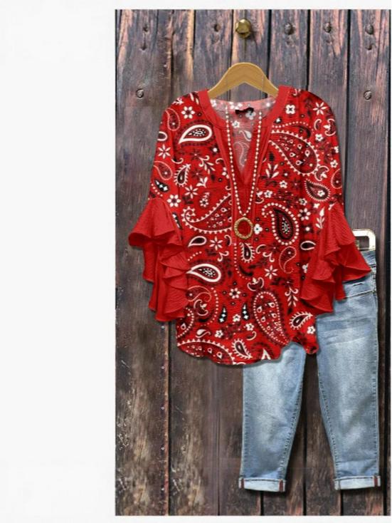 D New Women's Trendy V-neck Floral Print Casual T-shirt with Lotus Leaf Edge