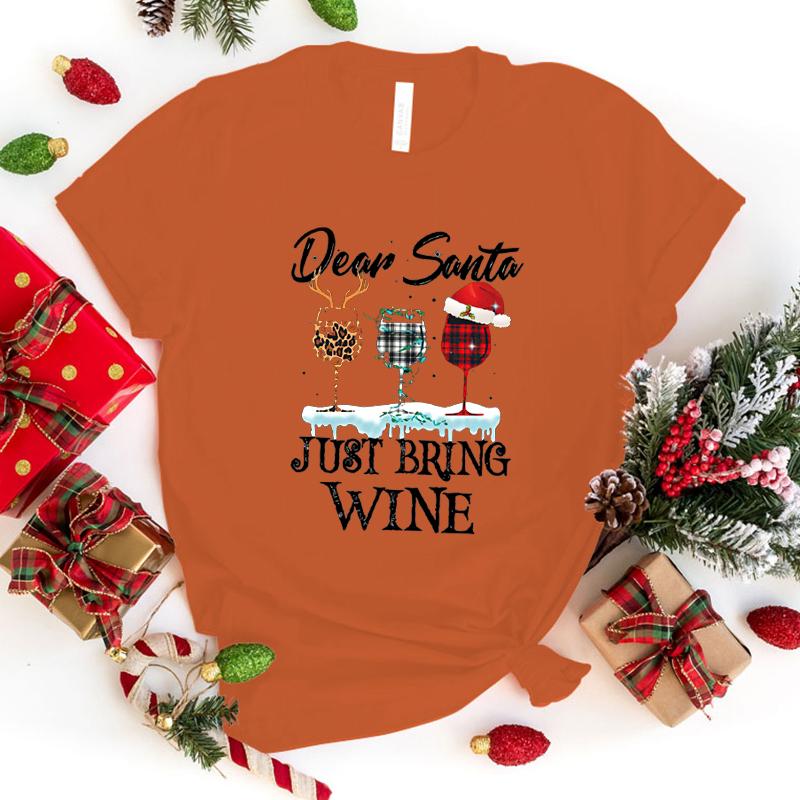 

Нові різдвяні футболки Dear Santa Just Bring Wine для літніх футболок унісекс, чоловічі повсякденні футболки з короткими рукавами та круглим вирізом XS