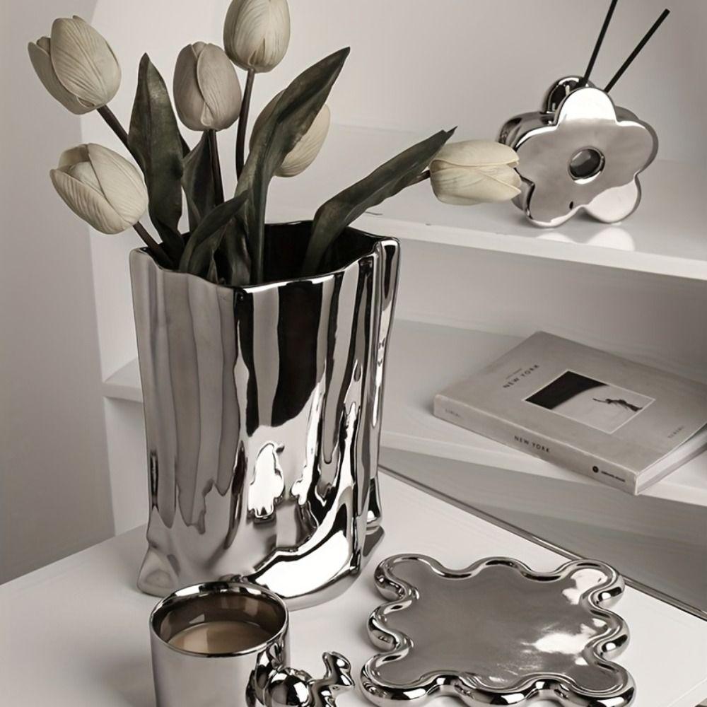 Light Luxury Electroplated Ceramic Vase Minimalist Hydroponic Flower Pot  Entrance Ornament