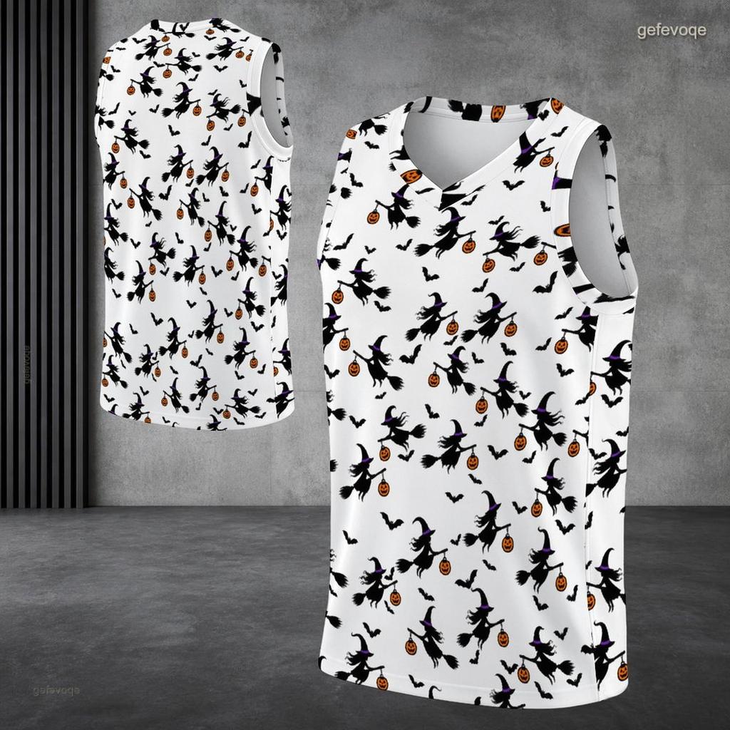 Men Plus Size V Neck Sleeveless Tank Top Halloween Mummy Pumpkin Printed White