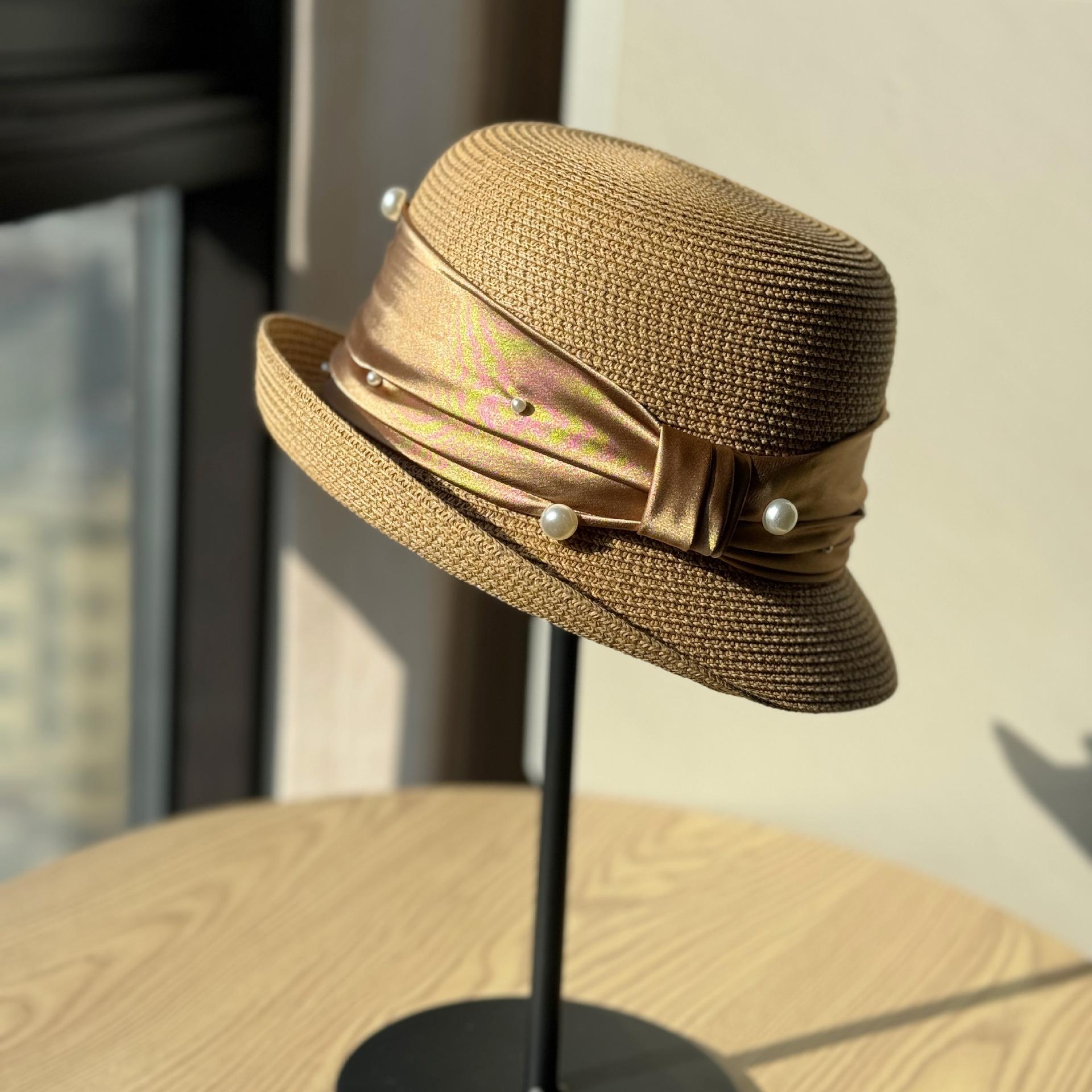 

Hepburn-style French pearl ribbon flat-top rolled-brimmed hat for women, new summer beach and seaside vacation sun hat Adult54-60Adjustable хакі