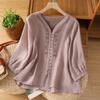 Cotone e Lino 2025 Camicia a Cinque Punti Colore Unico Estiva Larga Nuova Tempo Libero Retro Top Ricamato