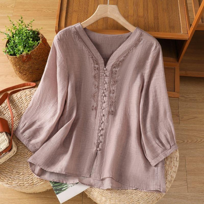 Cotone e Lino 2025 Camicia a Cinque Punti Colore Unico Estiva Larga Nuova Tempo Libero Retro Top Ricamato