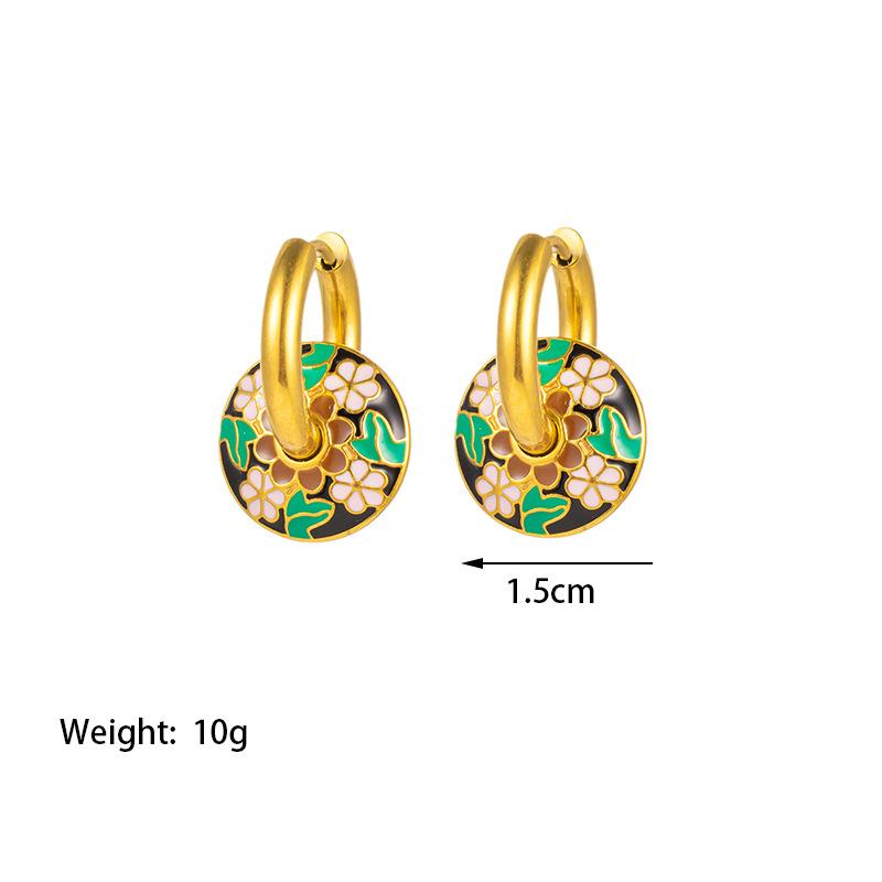 New retro fashion titanium earrings with round dripping oil colorful flower earrings personalized niche design women's earrings