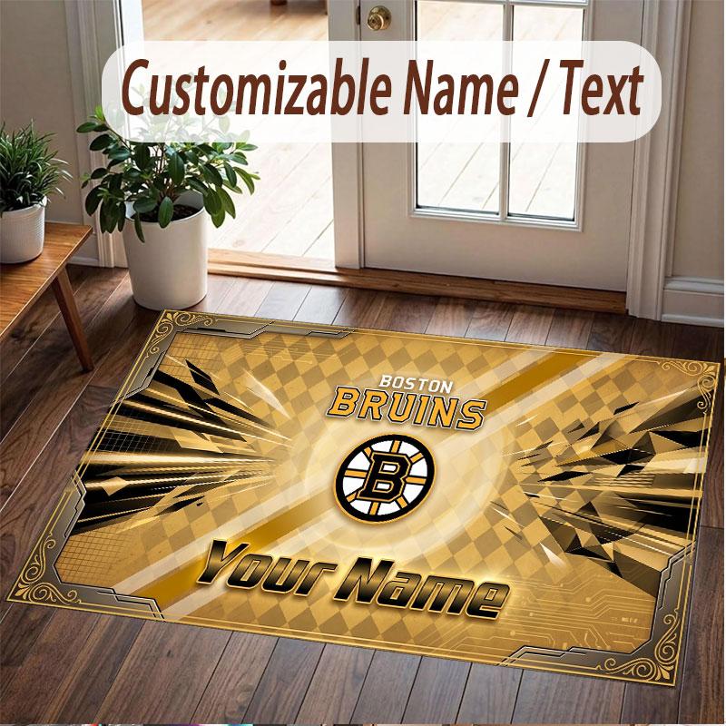 Custom Rug Boston Bruins Pattern Print Name Text Soft Non‑Slip Floor Carpet for Home Indoor Decoration