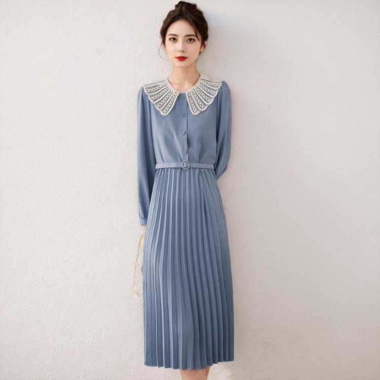 Spring Women Mid Length Dress Sweet Temperament Waist Length Contrasting Lace Collar Pleated Skirt Latest S синий
