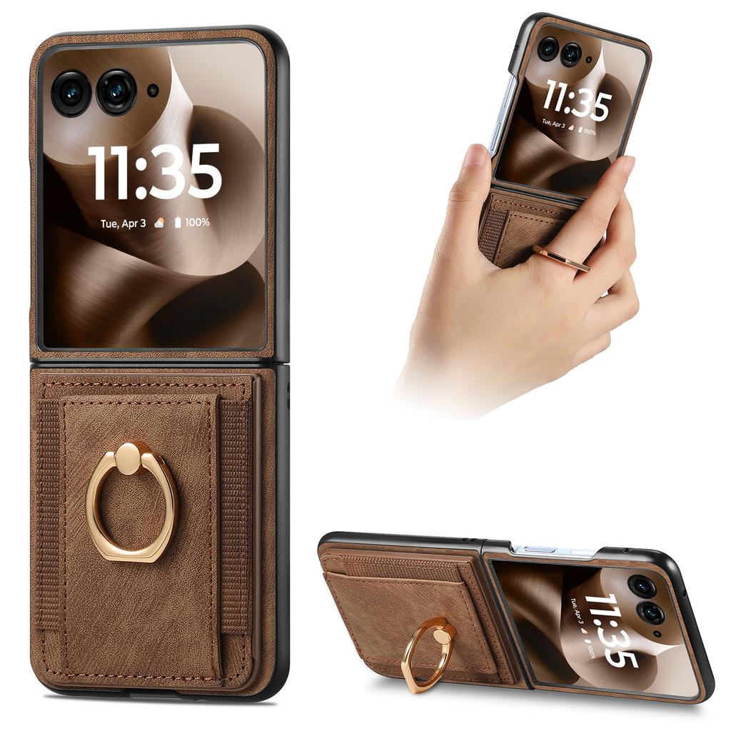 For Motorola Razr 60 Ultra 5G Case Card Holder Retro Leather + PC Phone Cover with Ring Kickstand