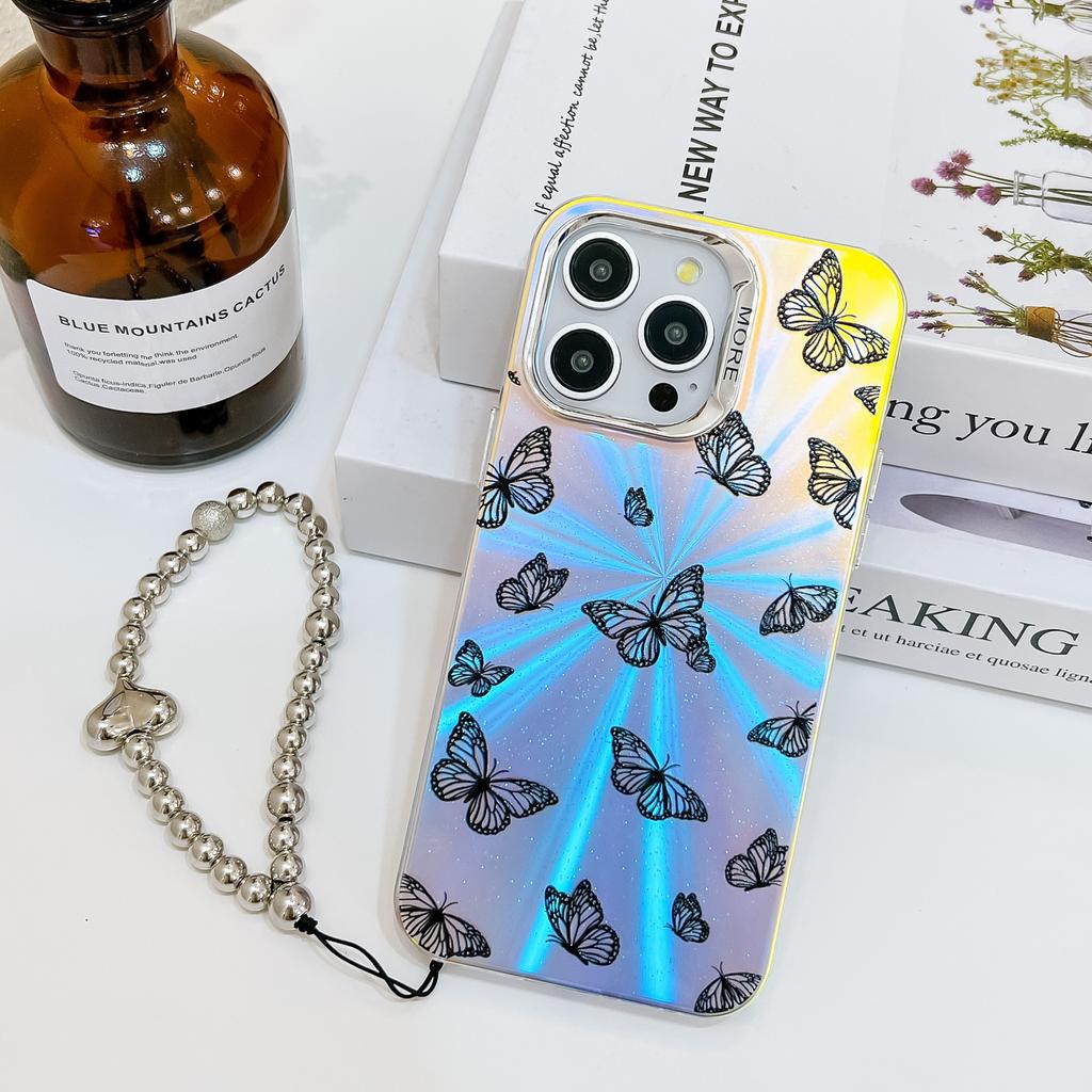 Electroplated Laser Butterfly for IPhone16e Mobile Phone Case for Apple 15promax with Pearl Bracelet 14