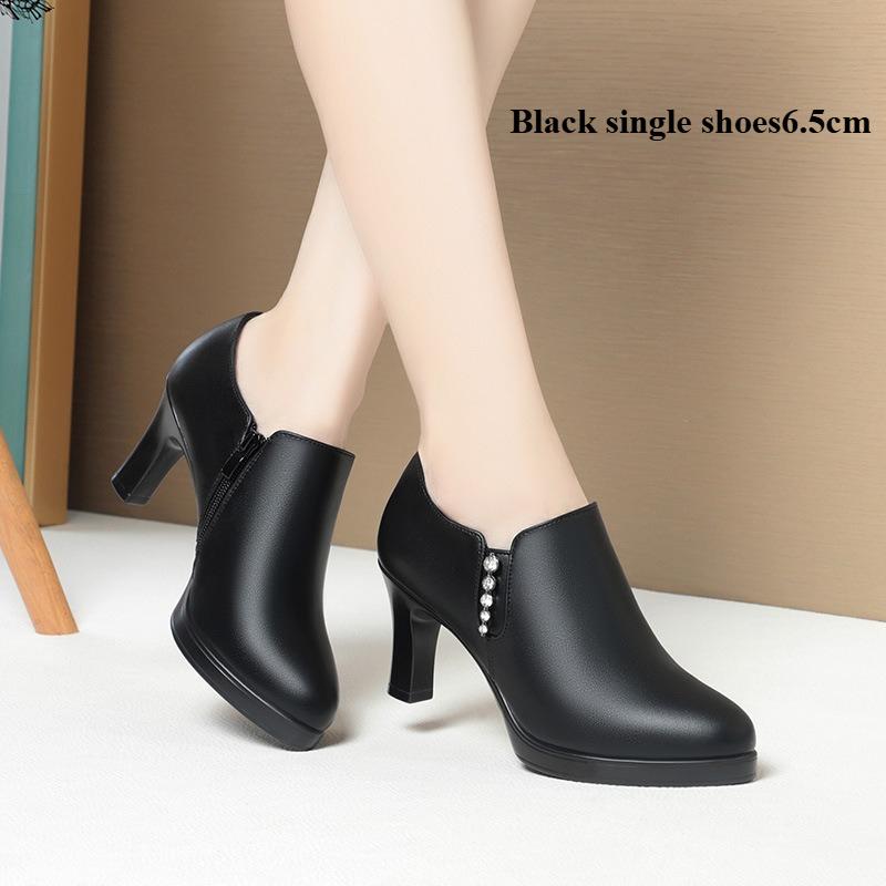 6.5cm/8.5cm Soft Leather Ladies' High-heeled Waterproof Platform Elegant Deep Shoes Fashion Women's Leather Shoes