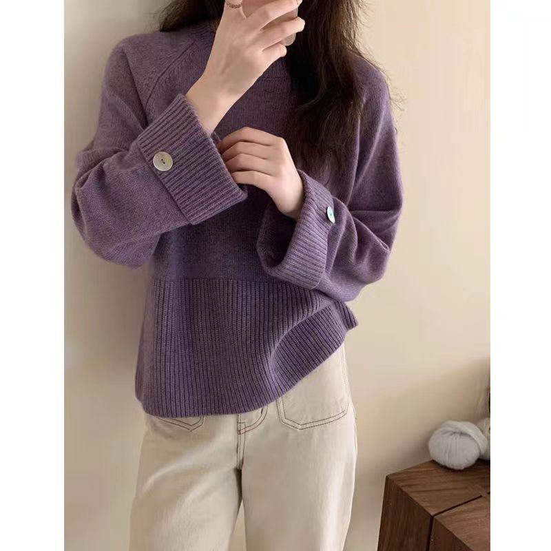 Höst och Vinter Lös Enfärgad Rundhalsad Tröja Pullover Tröja Stickad Tröja Koreansk Version Ytterkläder