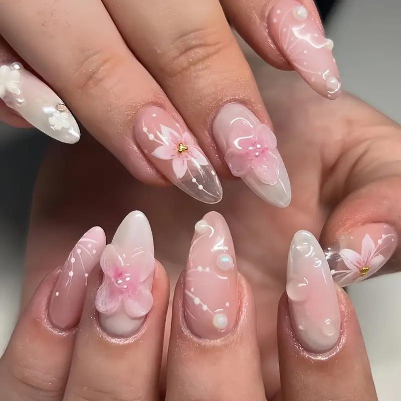 Mandelförmiger Nagellack 3D Dreidimensional Reines Verlangen Blume Schmetterling Abnehmbarer Falscher Nagel Fertigprodukt