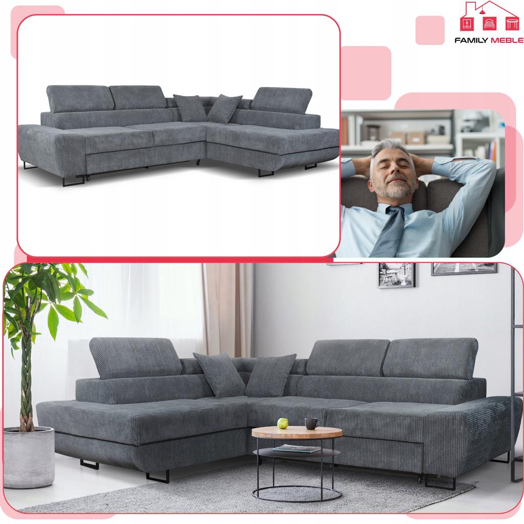 Corner Sofa, Foldable, F, Sleeping, Savio, Left, Family Furniture, Gray Corduroy