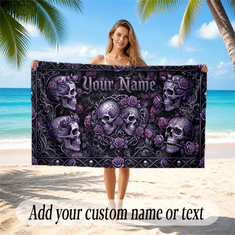 Skull Gothic Theme Beach Towel Personalized Custom Name & Text Soft Quick Dry Beach Towel for Swimming Travel