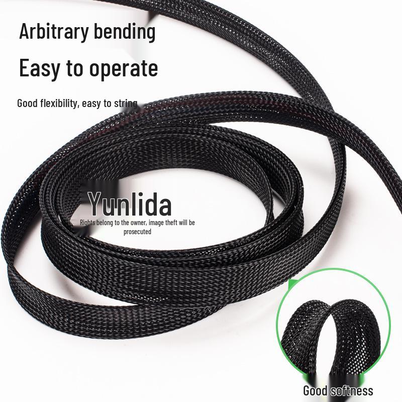 Black Flame Retardant Nylon Braided Mesh Tube: PET Encrypted Snake Skin Sleeve, Telescopic & Flat, Width 3mm-100mm