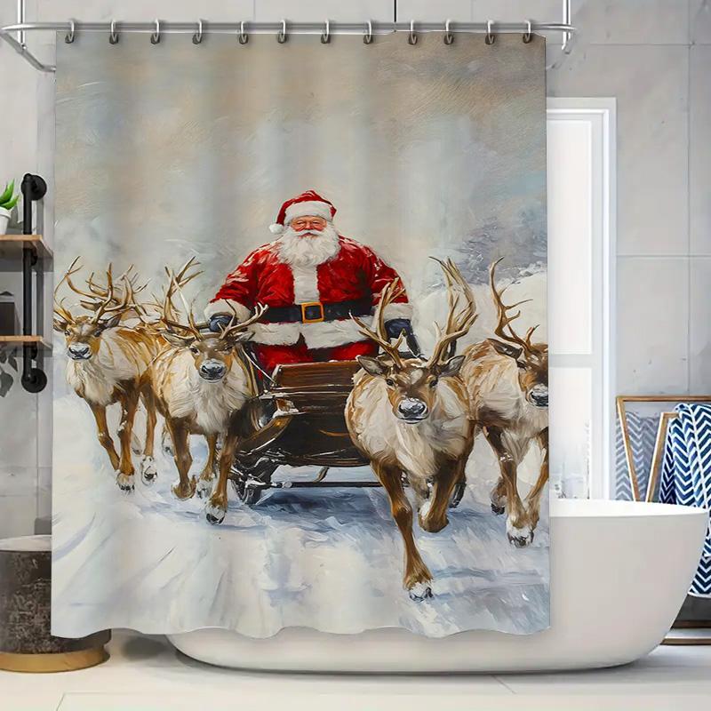 Tuniu Festive Santa'S Sleigh Holiday Shower Curtain Charming Christmas Deer Forest Backdrop Cozy Winter Bathroom Decor Fun Reind