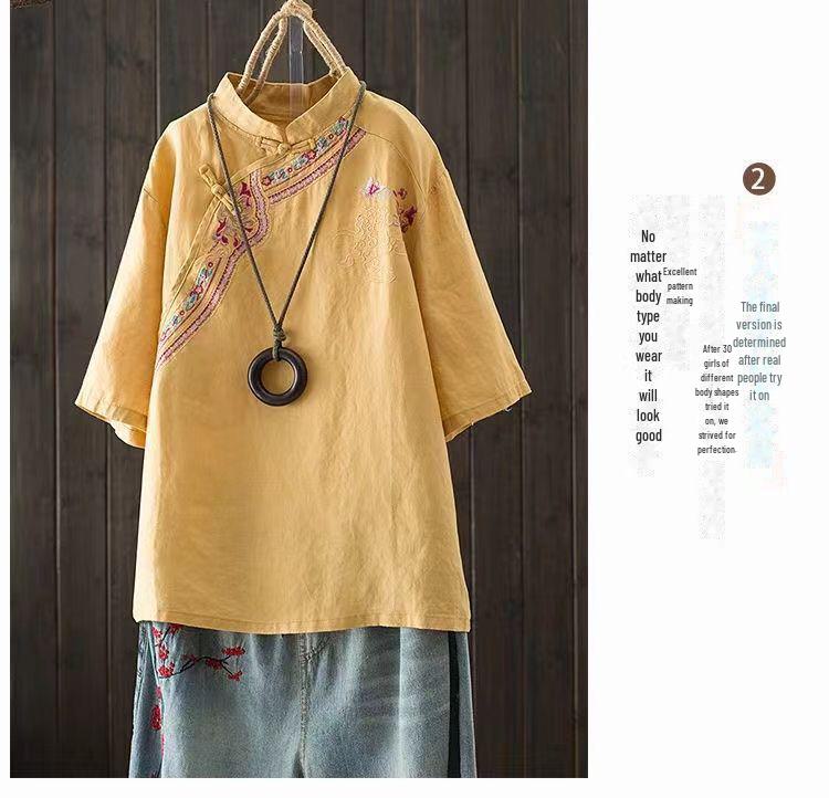 Cămașă de vară pentru femei, stil național, brodată, din bumbac și in, cu mânecă scurtă, largă, retro