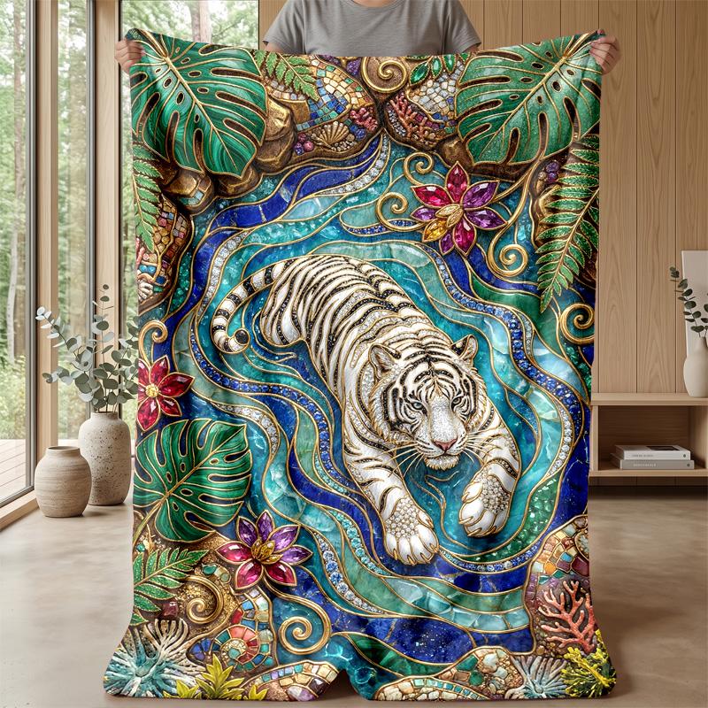 Tiger In Colorful Jungle Theme Blanket Lightweight Warm Flannel Blanket Decorative Throw Blanket for Home Decoration