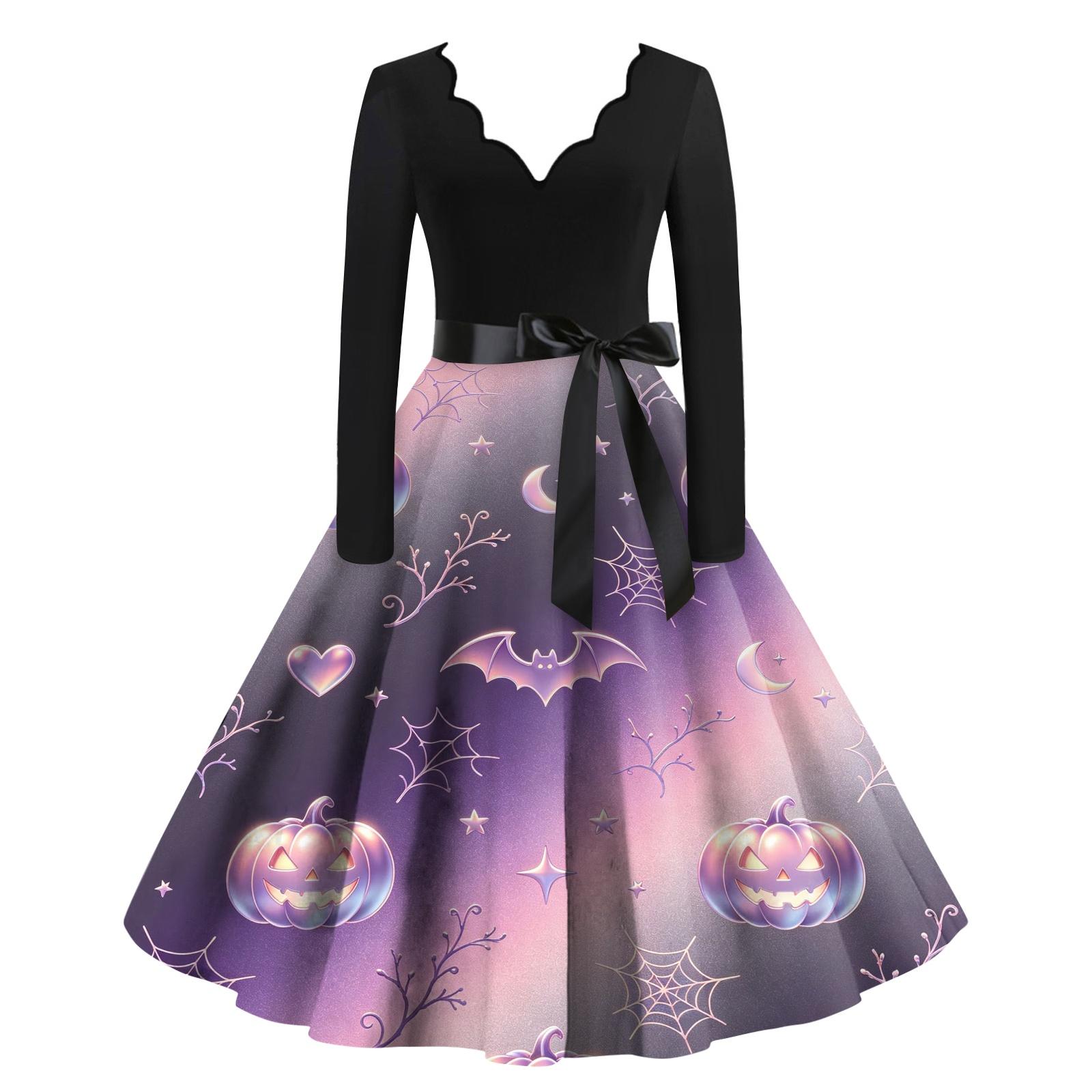 Women s Halloween Printed Long Maxi Dress for Costume Party L чёрный