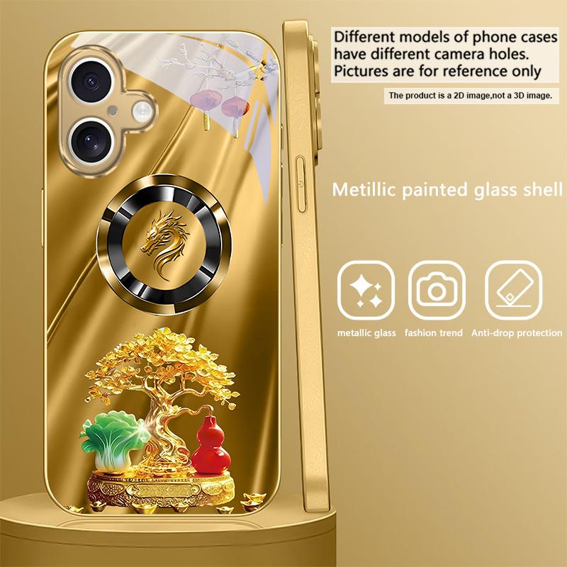 Horse Head Treasure Tree For iPhone 16E 15 Pro 14 13 Plus 12 mini 11 15Pro 14Max 13Plus XR Xs 16 Pro Max Golden glass phone case