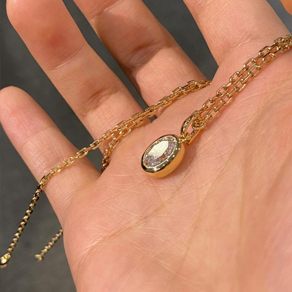 Simple Female White Big Stone Oval Pendant Skeleton Chain Necklace Gold Color Wedding Jewelry For Women