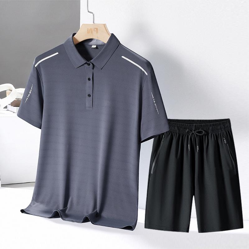Men's Summer Ice Silk Sportswear Set: POLO Shirt, Short Sleeve, and Trousers, Plus Size, Three-Piece Set.