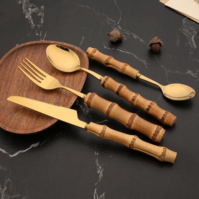 24 adet yemek takımı seti altın orijinal doğa bambu saplı paslanmaz çelik sofra takımı çatal bıçak kaşık seti çatal kaşık ev mutfak sofra takımı