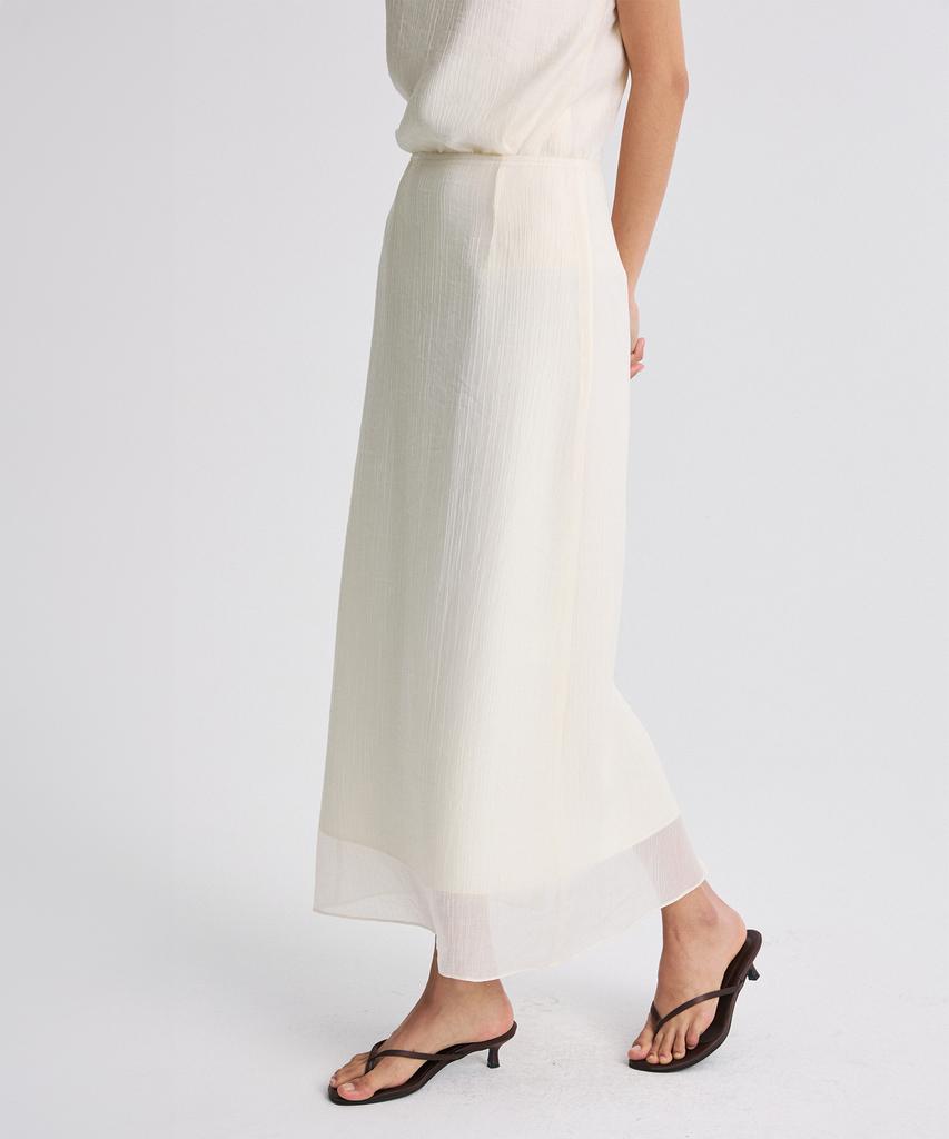 RE RHEE Sheer Layered Slit-Back Midi Skirt Pearl