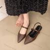 Fashion 2025 New Women Baotou Patent Leather One Line Buckle Strap Cat Heel Sandals Female Sexy Black Silk Pointed Thin Heel Flat Shoes