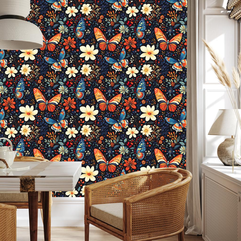 Wallpaper Colorful Butterflies Navy Blue and Burgundy for Living Room and Bedroom 50x1000