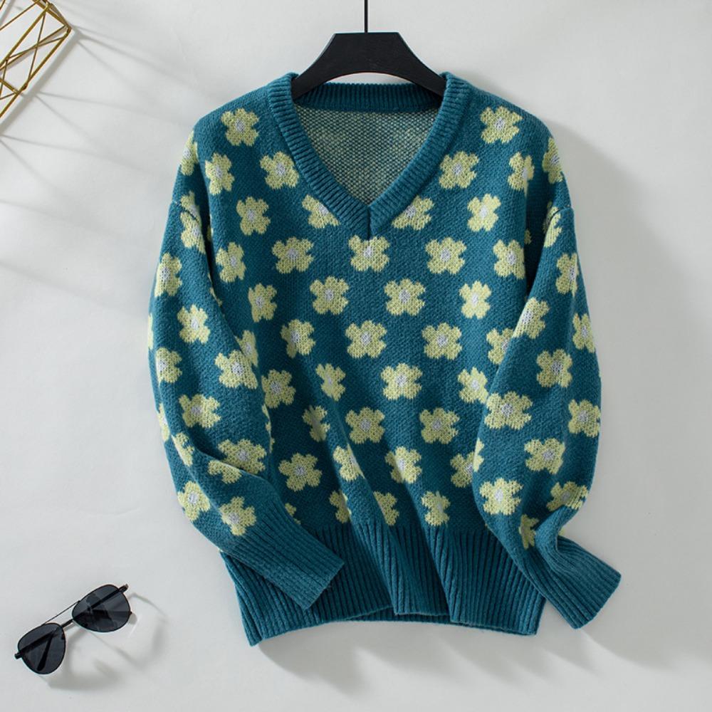 Women's Sweater Autumn and Winter V-neck Pullover Loose Flower Color Block Knitted Sweater for Women