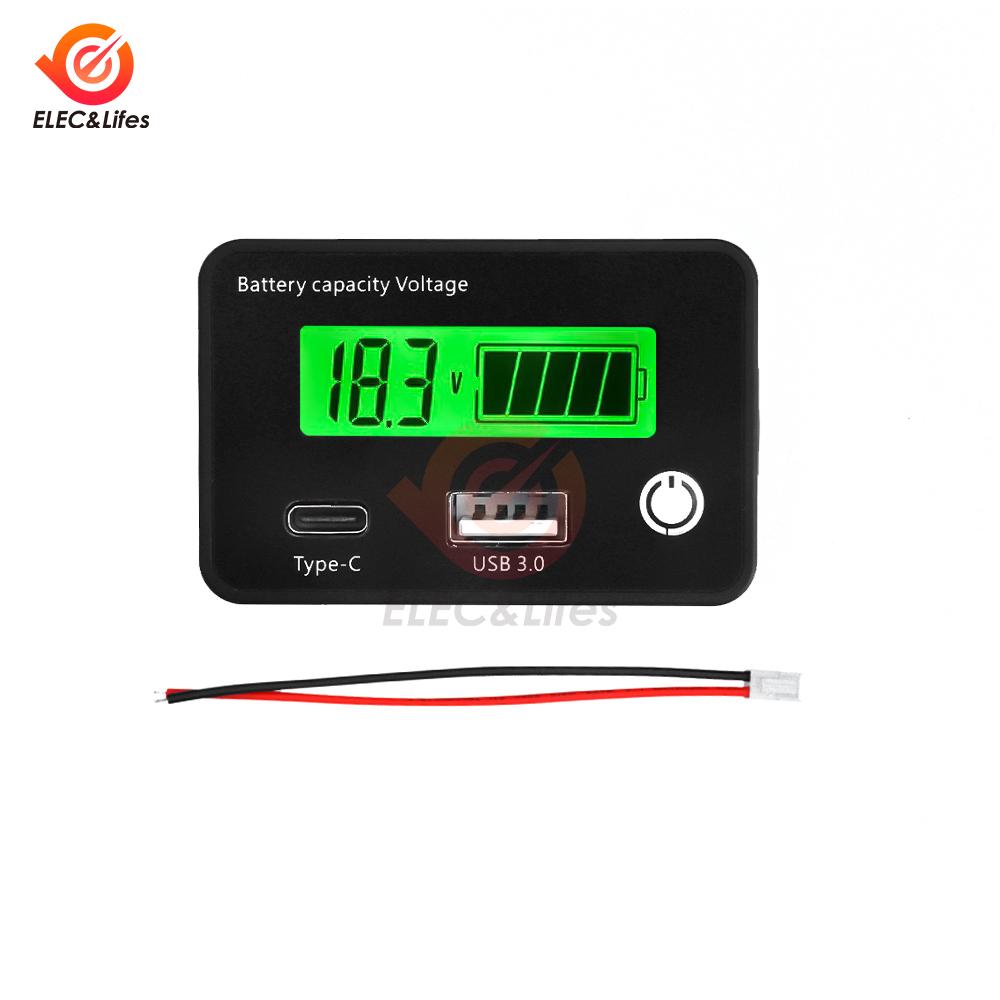 DC 8-11V USB1.1+Tpye-C Lead Acid Lithium Battery Capacity Indicator Car Motorcycle Digital Voltmeter Voltage Tester Meter Tool