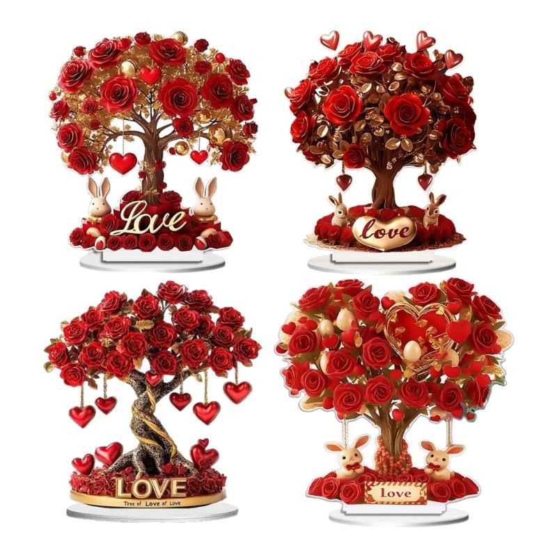Valentines Day Acrylic Rose Flower Tree 2D Flat Ornament Romantics Home Tabletop Decors For Wedding Living Room Bedroom
