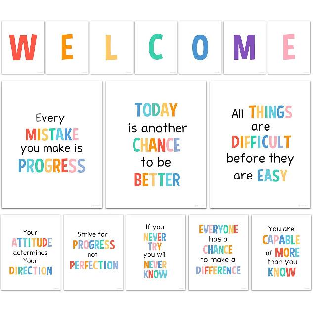Decorably 15 Chalkboard Welcome Back to School Bulletin Board Decorations, pirational, Matte-Laminated Posters - for Classroom, School Hallways
