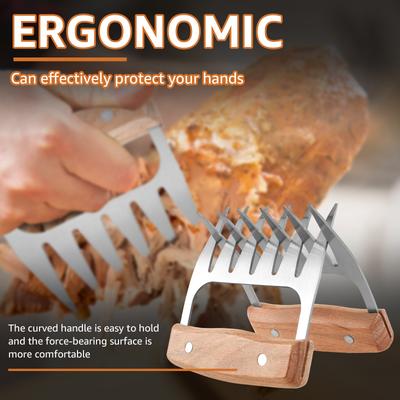 2Pcs Meat Shredder Claws Stainless Steel BBQ Meat Claws with Wood Handle Portable Efficient Pulled Pork Shredder Claws for Grill