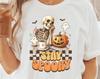 Retro Halloween Skeleton Coffee Tee - Spooky Fall Graphic Shirt