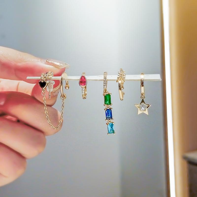 ANENJERY Colored Zircon Pendant Star Hoop Earrings For Women Heart Chain Clip 6-piece Earring Set