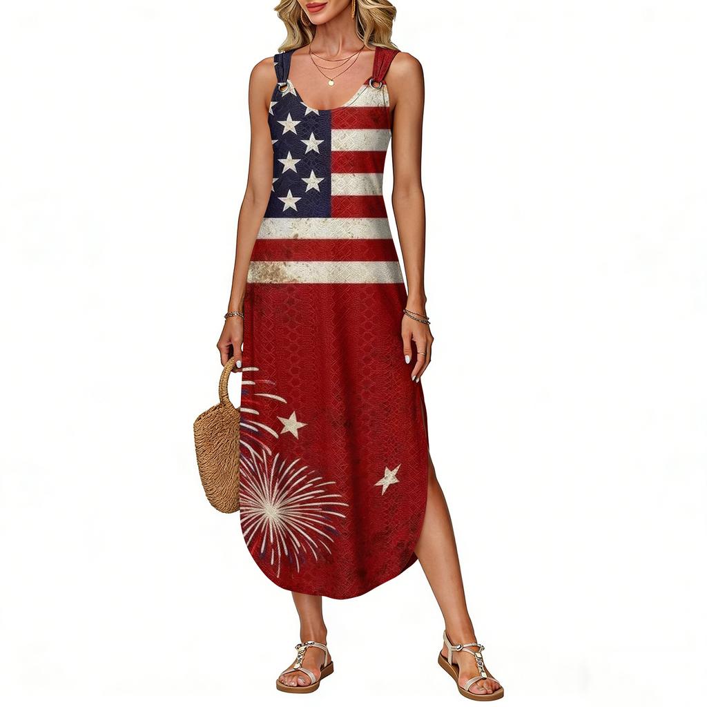 Women's Summer Long Dress Sleeveless Side Slit Long Independence Day Print Vacator Dress