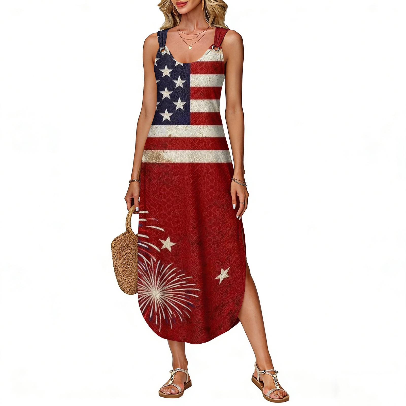 

Women s Summer Long Dress Sleeveless Side Slit Long Independence Day Print Vacator Dress XXL красный